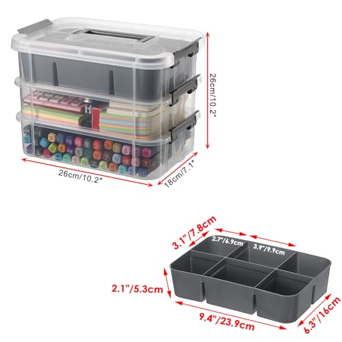 JUXYES 3-Tiers Plastic Stack Carry Storage Containers Box wih Handle Lids | 2 Pack Clear Stackable Craft Storage Bin for School & Office Supplies, Organizing Stationery, Sewing, Art Craft, DIY Supplies - color: Gray
