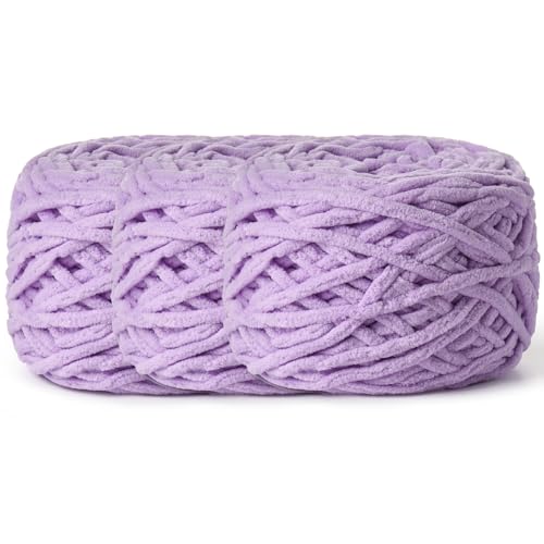 3 Pack Fluffy Chenille Chunky Yarn for Crocheting 100g(65.6yd) - Baby Yarn for Crocheting Soft - Velvet Yarns for Crochet Blanket - Amigurumi Crochet Yarns (Purple) - color: 3 Purple
