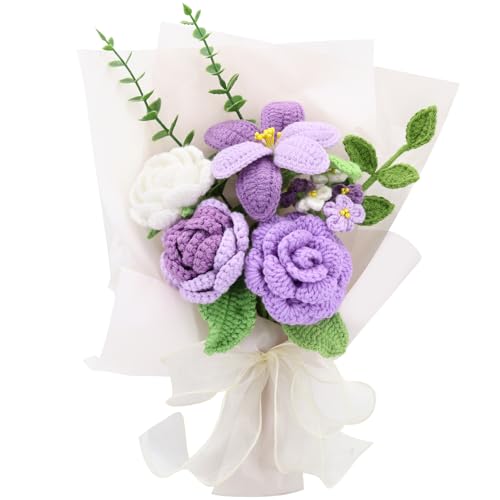 Marvogo Handmade Crochet Flower Bouquet,Crochet Flowers for Loved Ones | Crochet Flower,Crochet Rose, Bell Orchid, Tulip, Finished Artificial Flower Ideal for Lovers, Family and Friends purple - color: Purple