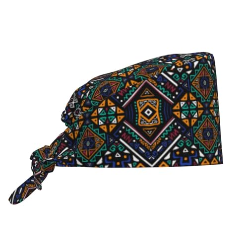 MOLIAN Dental Tooth Adjustable Working Cap Surgical Headgear for Women Men | Adjustable Tie Back Scrub Caps with Button Built-in Sweatband Working Cap for Nurses Doctors and Workers - color: Aztec Boho Print