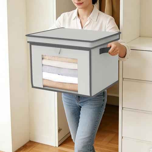 Univivi Front Opening Storage Bins with Lids for Home, Gray, 4 Pack | Foldable Fabric Storage Boxes, Large Closet Organizers and Storage with Clear Window & Handles for Clothing Storage - color: Light Grey, size: 16.5''-4 Pack