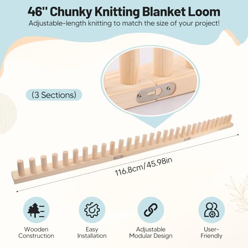 Badiman Wooden Knitting Loom Kit with Installation Tools, Adjustable DIY Crafting Home Decor Easy Assembly Reusable Wooden Peg Frame Beginner Friendly Gift, B - color: B Total Length 46" (Tools Needed)