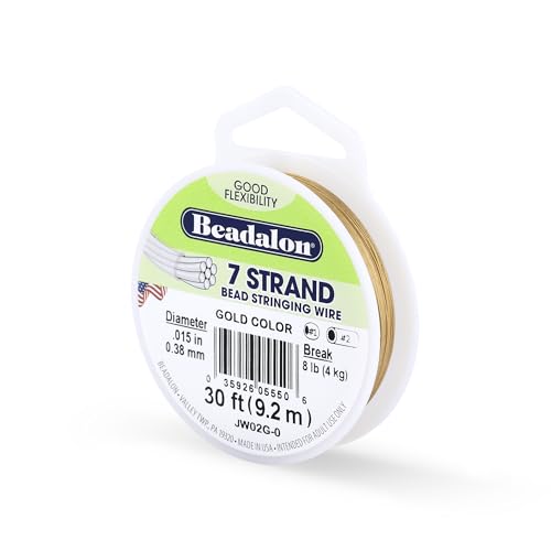 Beadalon 7-Strand Stainless Steel Beading Wire, .010 in / 0.25 mm - Bright | Nylon-Coated, Polished Finish, Tarnish-Resistant, 30 ft DIY Jewelry Making, & Everyday Bead Stringing Projects, Made in USA - color: Gold, style: .015 in / 0.38 mm , 30 ft / 9.2