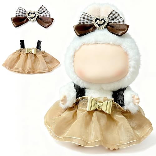 Doll Clothes for Labubu 15cm/17cm Dolls,Outfit for Labubu,Dress and Hairpin Set for Labubu Dolls Cute Stylish Dress Up Set(NO Doll) - color: Champagne Gold
