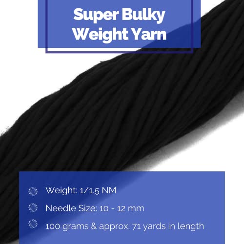 Revolution Fibers | Premium Super Bulky Merino Wool | 100-Grams Chunky Weight, Thick Wool for Knitting, Crochet, Baby Blanket, Dyed, Felting, Weaving, Raven Black - color: Raven (Black)