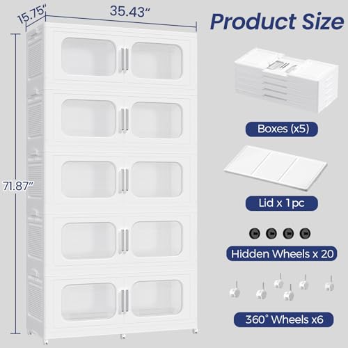250Gal Extra Large Stackable Storage Bins with Wheels & Lid & Doors, 200QT/50GAL 5-Tiers Collapsible Plastic Drawers Containers Closet Organizers Boxes for Home Kitchen Bedroom, White - color: White, size: 50Gal-5Pack