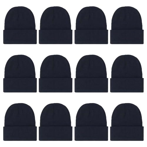ZH 12-Pack Knitted Winter Beanie Hats for Men and Women, Warm and Cozy Cuffed Skull Caps, Bulk Purchase - color: Black