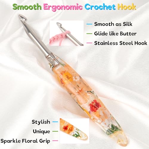 Katech 6.0mm Crochet Hook for Arthritic Hands,Hand-Polished Stainless Steel | Ergonomic Crochet Hooks with Customized Sparkle Dried Floral Grip, Smooth Tapered Hook-Crochet Gift for Beginner & Crocheter - size: 6.0mm