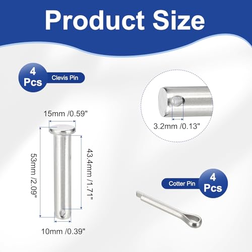 uxcell 4Pcs M10x50mm Clevis Pins, 304 Stainless Steel Single Hole Flat Head Hitch Fastener Lock Systems with Cotter Pins for Furniture Installation Trailer Lawn Mower, Silver - size: M10x50mm