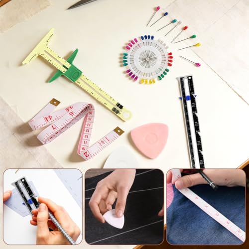 7 Pcs Sewing Gauge Measuring Tool, 5-in-1 T Sliding Gauge Ruler Seam Gauge | Fabric Quilting Ruler with 2 Tape and Sewing Pins, Sewing Measuring Tool for Seaming Hemming Knitting Crafting