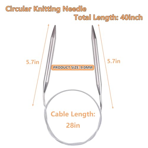 Hobekoee Circular Knitting Needle 40 inch (100cm),Size US 13 (9.0mm) Stainless Steel Round Knitting Needles for Smoothly Knit Blanket,Sweater,Coaster,Socks - size: US 13(9mm)