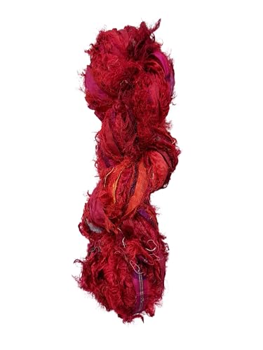 Maker's Craft Recycled Fuzzy Fringes Sari Silk Ribbon Yarn 35yards, 100Grams for DIY Knitting Crocheting Gift Wrapping, Christmas Decoration, Macrame Makers, Jewelry Making, Rugs Hooking (Red) - color: Red
