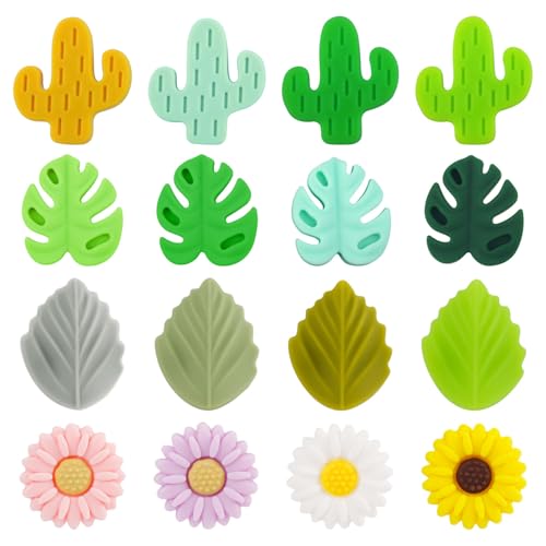 16pcs Knitting Needle Stoppers, Silicone Needle Point Protectors Daisy Leaf Cactus Monstera Silicone Focal Beads Knitting Supplies Accessories for Crafts Necklace Bracelet