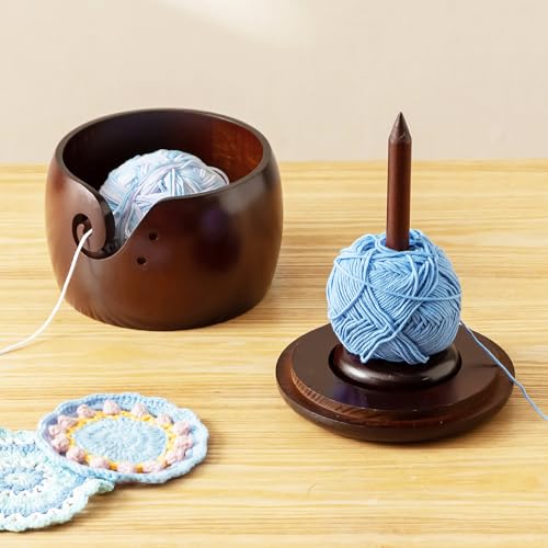 Baffect Wooden Yarn Bowl With Removable Yarn Holder (6.3" X 6.3" X 4.7in) | Large Crochet Bowl With Lid & Handmade Holes, 2 In 1 Knitting Bowls For Wool Spinnering & Storage