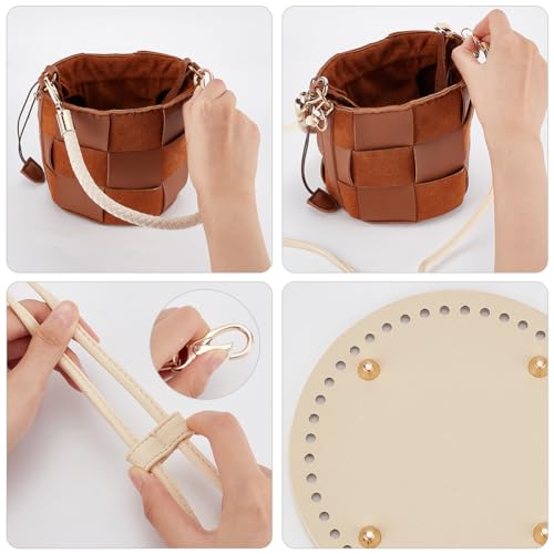 WADORN DIY Handbag Making Kits, Handmde Crochet Knitting Bucket Tote Bag Making Accessories Include Round PU Leather Bag Bottom Bag Shoulder Strap Braided Leather Handle Strap and Drawstring Strap - color: Round Bottom Kit