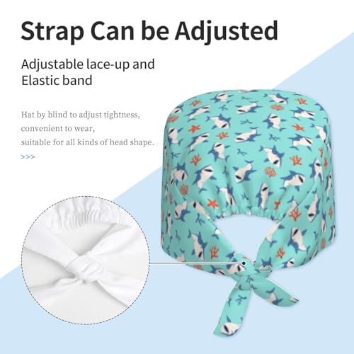 MOLIAN Dental Tooth Adjustable Working Cap Surgical Headgear for Women Men | Adjustable Tie Back Scrub Caps with Button Built-in Sweatband Working Cap for Nurses Doctors and Workers - color: Big Fish and Coral