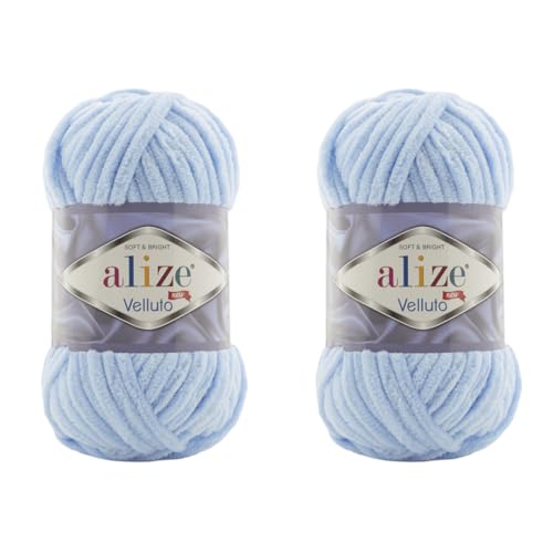 Alize Velluto 100% MicroPolyester Baby Blanket Velvet Yarn Lot of 2 skn 150 Yards 2x100gram, Yarn Weight:Super Bulky (218 - Light Blue) - color: 218 - Light Blue