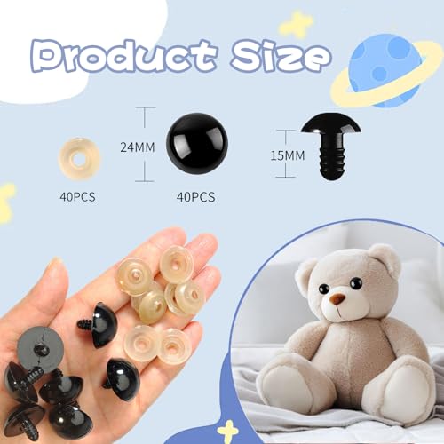 Zhbrchz 80pcs 24mm Black Large Plastic Safety Eyes with Washers | Crafts Safety Eyes with Washers for Amigurumi Crochet Bears Stuffed Animals Doll Making - size: 24mm