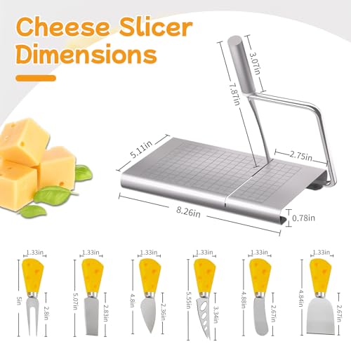 Cheese Slicer Board, Stainless Steel with Blade for Block Cheese | With measuring grids and 6 bonus cheese knives. Cuts butter, sausages, bread and vegetables. Dishwasher safe.