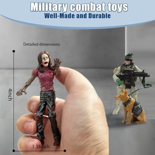 Army Men Action Figures VS Zombie Toys Action Figure Playset (20 Pcs) | Including 6 Detachable Army Men 6 Weapons 6 Zombie Figures 2 Military Dog Birthday Halloween Xmas Gift for Boys Kids - color: Gray
