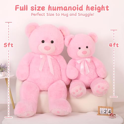 MorisMos 5ft Giant Teddy Bear Stuffed Animal, Large Stuffed Bear with Footprints, Big Pink Teddy Bear Plush Gifts for Wife, Girlfriend, Women on Valentine, Christmas, Birthday - color: Pink, size: 5 ft