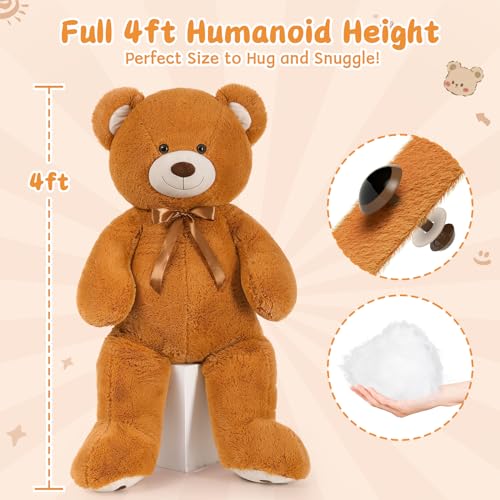 MorisMos 47inch Giant Teddy Bear Stuffed Animal 4ft, Big Teddy Bear Plush for Baby Shower, Life Size Stuffed Bear Gifts for Kids, Girls, Girlfriend, Women on Valentine, Christmas, Birthday（Brown） - color: Brown, size: 4 ft
