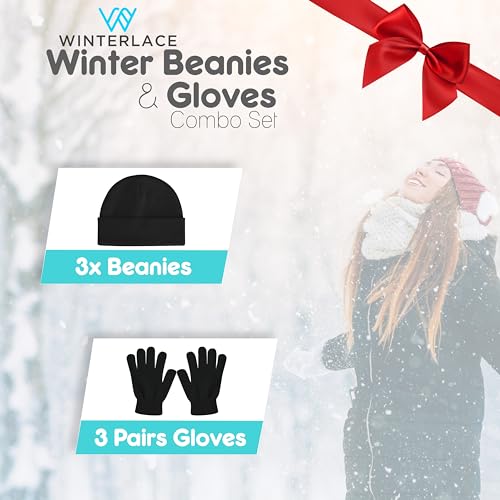12 Pack Winter Beanies & Gloves Set, Stretchy Knit Unisex Men Women Toboggan Skull Cap - color: Black, Navy, & Gray