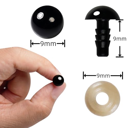 Hukiwow 600Pcs 9mm Safety Eyes and Washers 9 mm Safety Eyes for Crocheting Plastic Crochet Eyes Black Craft Eyes Animals Eyes Small Doll Eyes - size: 9mm