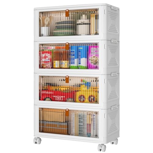 YFXCVSL 4 Tier Plastic Storage Bins with Lid 36QT, Stackable Storage Bins | Plastic Storage Bins with Wheels, Folding Storage Boxes, Organizers and Storage for Living Room,Office,Dorm - size: 4-Tier 36QT