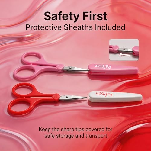 PAFASON Small Travel Sewing Crafting Scissors Set Straight Curved Tip | Stainless Steel for Quilting DIY Knitting Embroidery Cross Stitch Crochet Thread Yarn Paper Detail Cutting Safety Case - color: Curved 3.5in Red + Straight 4in Pink