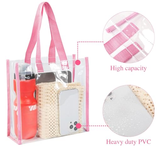 Paterr 30 Pcs Clear Tote Bag Stadium Approved Bulk 10 x 10 x 4 inch Plastic Tote Gifts Bags with Handle for Women Sports Gym(Pink) - color: Pink