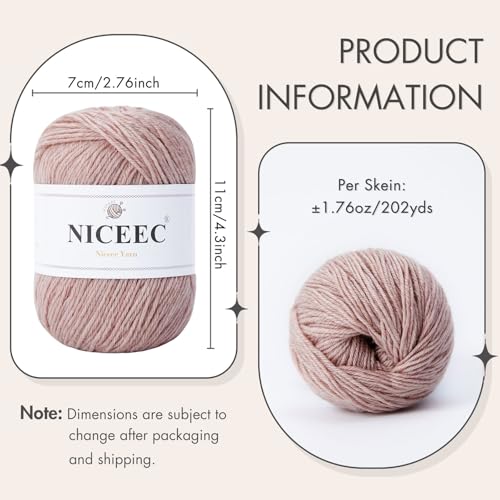 NICEEC 3 Skeins Soft Merino Wool Yarn- PalePink | Soft & Warm, Finger Weight, Woolen Yarn for Crochet & Knitting, Total 5.3oz/606yds - color: Pale Pink