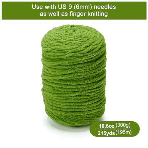 Chunky Chenille Yarn #6 Super Bulky Soft Fluffy Crochet | Easy care & beginner-friendly. Choose 0.66lb or 1.76lb. Perfect for blankets, hats, scarves, home decor. Machine washable. - color: Green, size: 0.66LB/215yds