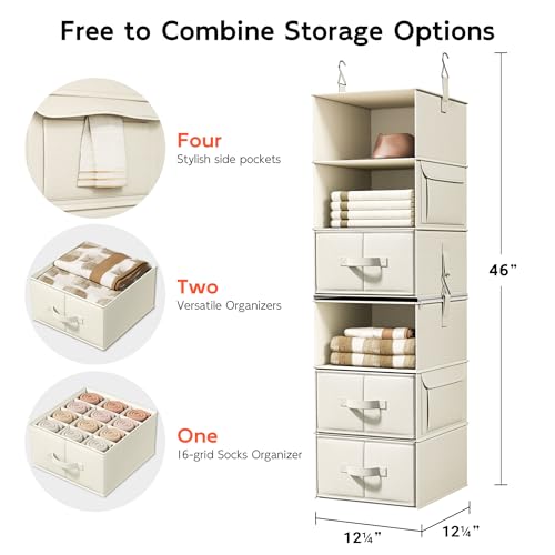 6-Shelf Hanging Closet Organizer with 3 Drawers, 2-in-1 Design, Beige | Converts into Two 3-Shelf Organizers, Foldable Drawers, Side Pockets, Ideal for Wardrobe, Nursery, Dorm & Closet Storage - color: Beige, size: 6-Shelf Separable