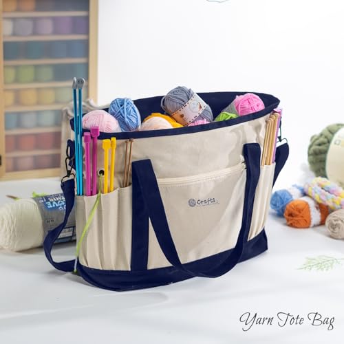 Canvas Yarn Storage Organizer Bag Washable Crochet Bag with Pockets for Yarn, Hooks, Needles – Travel Knitting Tote for Crafters – Gift for Crocheters & Knitters (Medium/Large) - color: Navy, size: Large-15”