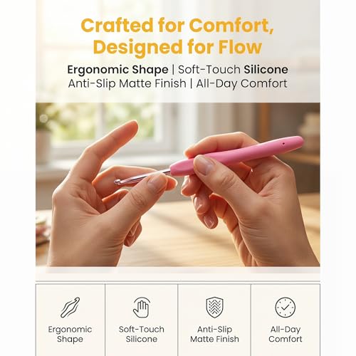 9 Pcs Ergonomic Crochet Hook Set, Soft Comfort Grip Handles, Smooth Knitting Needles for Beginner & Experienced Crocheters, Easy DIY Craft Tools