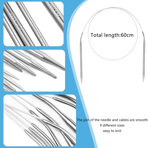Circular Knitting Needles Set,9 Pack Stainless Steel Knitting Needles Kit (24 Inch/60cm),Round Short Metal,9 Sizes from 2mm-6mm,with Small Tools for Beginners,Making Sock,Doll Clothes,Weave DIY Lover - size: 60cm(from tip to tip)