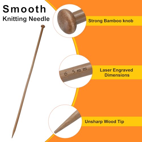 HARFINGTON 6.5mm Bamboo Knitting Needle Straight Single Pointed 13.8 Inch Long Wooden Sweater Knitting Needles US Size 10.25 for Yarn Beginners Hand Sock DIY - size: 6.5mm US Size 10.25