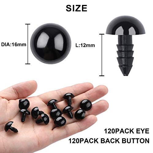 UPINS 120Pcs 16mm Plastic Safety Crochet Eyes with 120Pcs Washers for Craft | Black Plastic Eyes Bulk for Stuffed Animals, Crochet Toy Crafters, Doll Making Supplies - size: 16mm