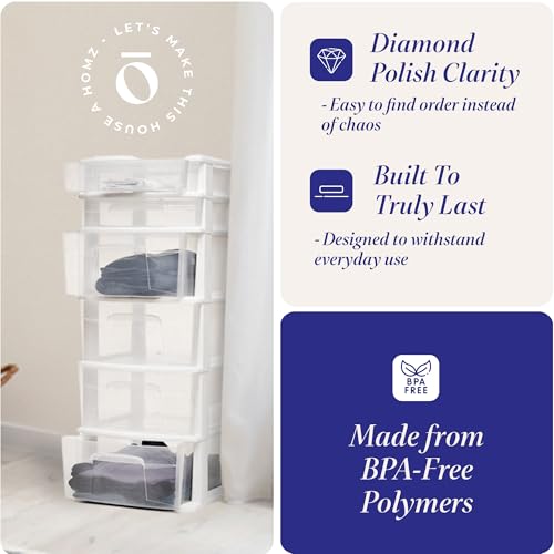 HOMZ Drawer Tower, 6-Tier Storage Cart with Removable Wheels, White Frame | Plastic Organizer with Clear Bin Drawers for Bedroom, Bathroom, Home Office, and Dorm Rooms