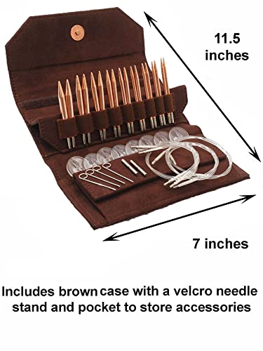Lykke Cypra 3.5-inch Interchangeable Circular Knitting Needle Set | Standard US 3, 4, 5, 6, 7, 8, 9, 10, 10.5 Brown Case, Copper Semi-Sharp Tips, Smooth Metal Joins, 360-Cables, Project Bag - color: Cypra-with-Brown-Suede-Case