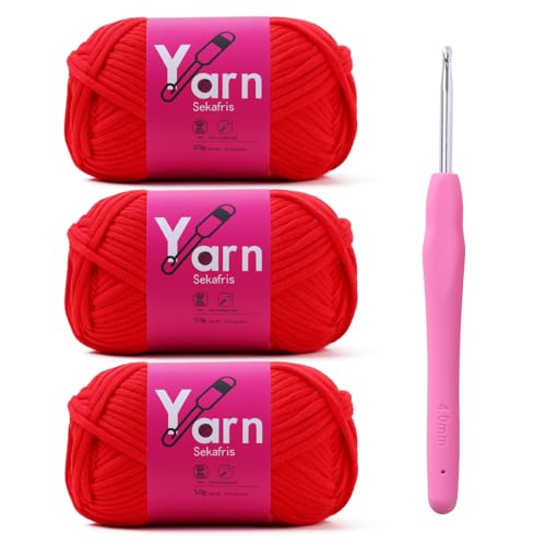 Crochet Yarn 150g/163.5yds Cotton Yarn for Crocheting - Crochet Knitting Yarn for Beginners with Easy-to-See Stitches - Yarn for Crocheting - Parfait Chunky Yarn -Cotton-Nylon Blend (Crimson) - color: Crimson