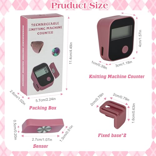 Rechargeable Knitting Machine Counter, Row Counter for Knitting Machine, Removable Magnetic Suitable for 32/40/48 Needle Row Digital Counter (Pink-1PCS)