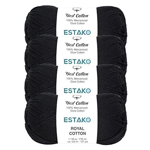 Estako Royal Cotton, 100% Mercerized Giza Cotton Yarn, Black, 4-Pack | soft, silky sheen, super fine, fingering 1, sock weight, 200 g, 548 yds, baby clothes, summer tops - color: 5057 - Black, size: 4 Skeins