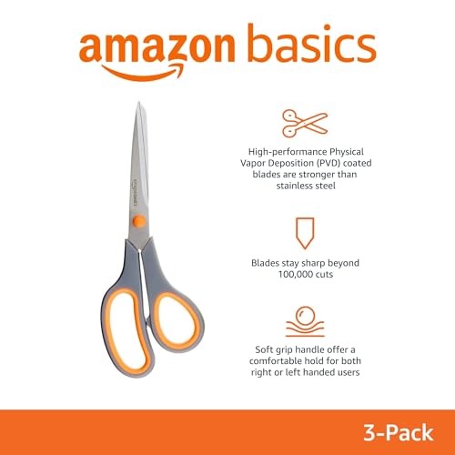 Amazon Basics Multipurpose Stainless Steel Scissors for Office, Crafts, Right/Left Handed, Comfort Grip, PVD Coated, 3-Pack, Multicolor - size: 3-Pack