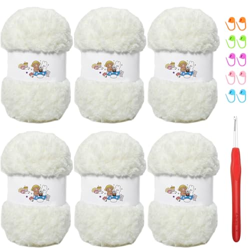 6 PCS Soft Coral Velvet Chenille Yarn for Crocheting,Fluffy Yarn for Knitting and Crochet DIY Craft,Warm Crochet for Bag Hat Scarve Gloves Slippers Dolls(Milky) - color: milky