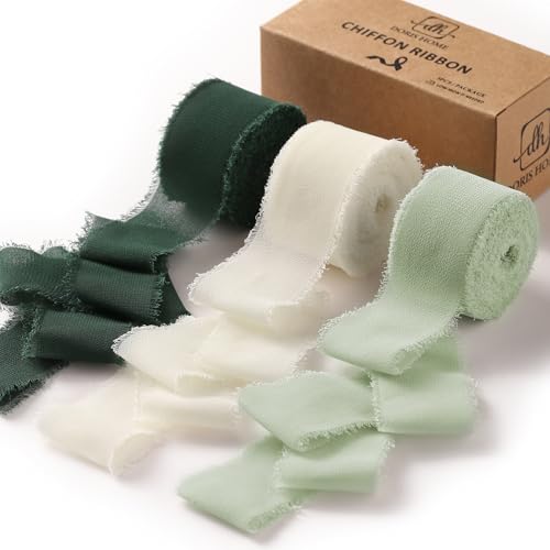 DORIS HOME Handmade Fringe Chiffon Ribbon 1" x 21Yd Green & Cream | Fabric Ribbon, For Flower Bouquet/Gift Wrapping/Wedding Invitations/Christmas Decorations/Party Decor - color: Green and Cream