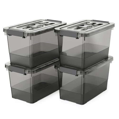 4 Pack 7 Quart Clear Black Storage Bins with Latching Lids, Stackable Plastic Storage Containers for Closet, Pantry & Garage Organization - color: Black, size: 7 Quart
