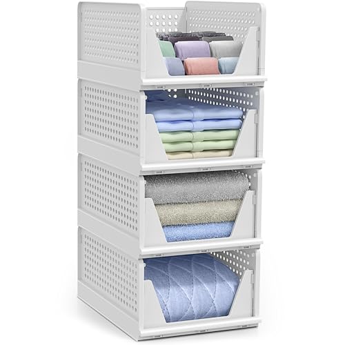 Sorbus Stackable Closet Organizer, Open-Front Shelf Bins (4 Medium) | Plastic shelves and baskets for clothes in pantries, bathrooms, kitchens, garages, cabinets and countertops. - size: 4 Medium
