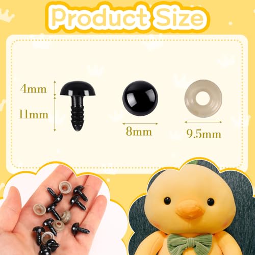 UPINS 600pcs 8mm Black Safety Eyes with Washers for Amigurumi Crochet Dolls | 8mm Plastic Craft Eyes with Washers, Amigurumi Doll, Stuffed Animal, DIY Crafts Making Supplies - size: 8MM